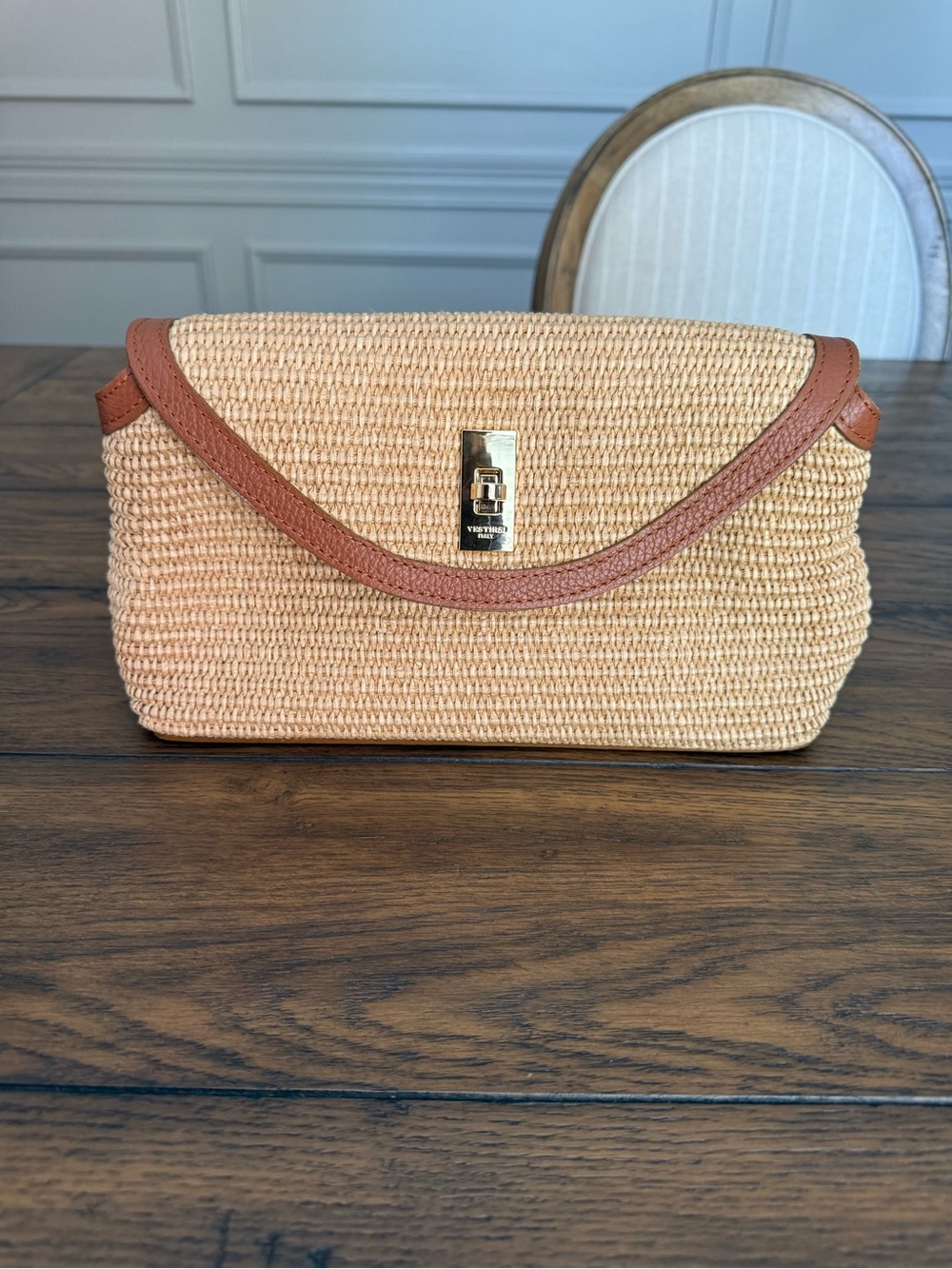 Vestirsi Woven Straw Clutch with Leather Trim - Tan